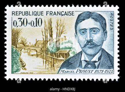 Französische Briefmarke (1966): Valentin Louis Georges Eugène Marcel Proust (1871 – 1922), besser bekannt als Marcel Proust. Französischer Schriftsteller, Kritiker und es Stockfoto