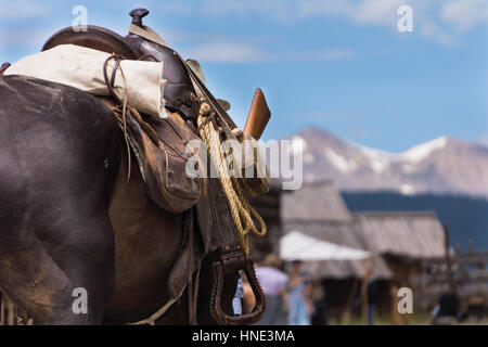 Westernsattel auf Pferd mit Schlafsack, Satteltaschen, Kantine und Gewehr in Scheide. Stockfoto