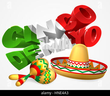 Eine mexikanische Cinco De Mayo-Bezeichnung melden Abziehbild Design mit Stroh Sombrero Sonne Hut und Maracas shakers Stockfoto