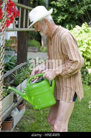 Model Release, Pensionist, 65 +, Im Garten Beim Blumengiessen - Rentner, die Blumen im Garten gießen Stockfoto