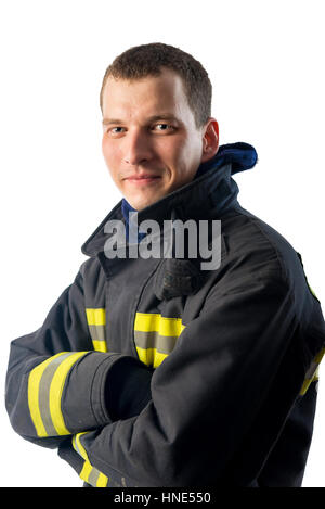 überzeugt junge Feuerwehrmann auf weißem Hintergrund im studio Stockfoto