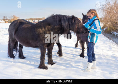 Kaukasische Frau streicheln schwarzes Friesisch Pferd im winter Stockfoto