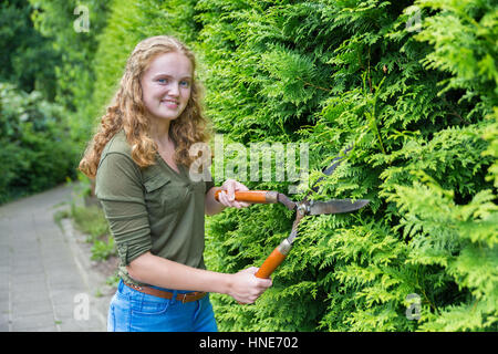 Kaukasische Mädchen beschneiden Hecke mit Heckenscheren Stockfoto