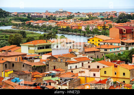 Mittelalterliche Stadt von Bosa und Fluss Temo, Sardinien, Italien Stockfoto