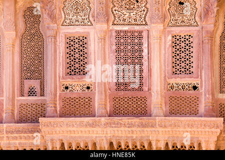 Mehrangarh Fort, äußere Details im Inneren der Festung, Jodhpur, Rajasthan, Indien Stockfoto