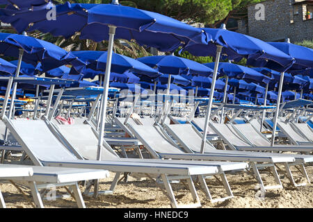 Sonnenliegen und Sonnenschirme Stockfoto