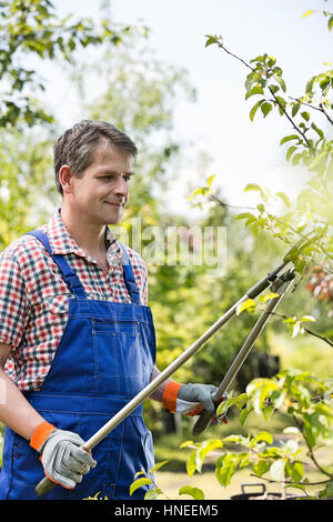 Gärtner-Clipping Äste bei Gärtnerei Stockfoto