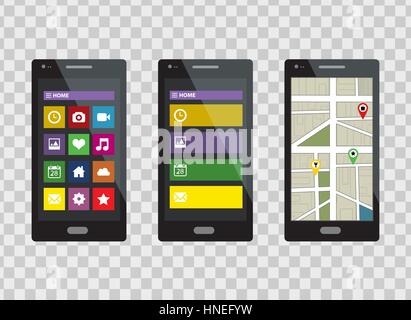 Smartphone-Satz isoliert auf einem transparenten Hintergrund. Vektor-Illustration. Stock Vektor