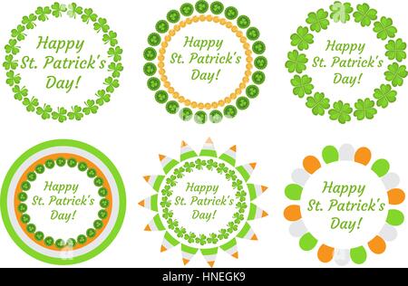 St. Patricks Day runder Rahmen mit Kleeblatt, Kleeblatt, Fahnen, Wimpel. Isoliert auf weißem Hintergrund. Vektor-Illustration, ClipArt-Grafiken. Stock Vektor