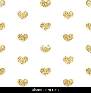 Gold glitter Herzen Musterdesign isoliert auf weißem Hintergrund. Leuchtendes Herz endlosen Hintergrund Textur. Vektor-Illustration, ClipArt-Grafiken. Stock Vektor