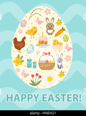 Frohe Ostern Grußkarte, Flyer, Plakat mit ein Set Icons, Symbole des Osterfestes. Frühling niedlich Vorlage für Ihr Design. Vektor-Illustration. Stock Vektor
