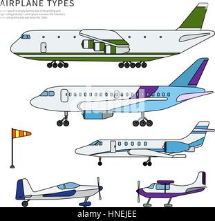 Dünne Linie flache Design der Flugzeuge. Verschiedene moderne Flugzeuge. Symbole für Airline-Unternehmen-Banner. Verschiedene Arten von modernen Flugzeugen isoliert auf whi Stock Vektor
