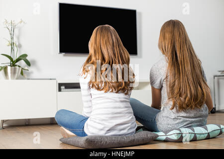 Rückansicht der Geschwister zu Hause vor dem Fernseher Stockfoto
