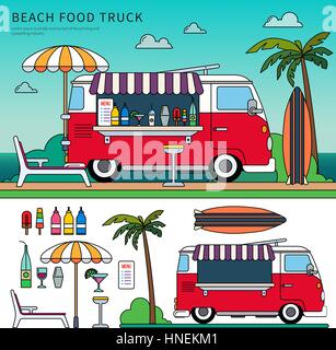 Dünne Linie flachen Bauweise der Imbisswagen am Sommerstrand. Retro-LKW mit Cocktails am Strand am sonnigen Tag, Essen, tropischen Objekte und andere cookin Stock Vektor