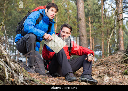 Backpacker mit Karte im Wald Stockfoto