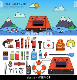 Boot-Sicherheits-Kit. Verschiedene Geräte für die Sicherheit im Meer. Schwimmende Konzept. Boot, Rettungsweste, Rettungsring, Feuerlöscher, Kompass isoliert auf wh Stock Vektor