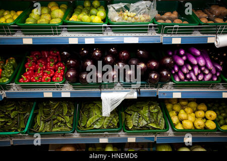 Vielfalt an Obst und Gemüse im Supermarkt ausgestellt Stockfoto