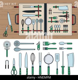 Dünne Linie flache Design der Küche Geschirr-Set. Messer und Scheren in den Stapel auf einem Holztisch, Kochen Werkzeuge isoliert auf weißem Rücken liegend Stock Vektor