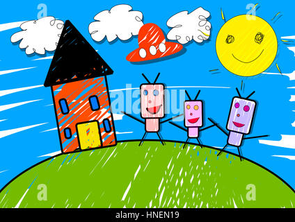 Illustration einer Alien-Familie mit blauem Himmel, weißen Wolken, hellgelber Sonne mit Smiley-Gesicht, auf einem grünen Hügel mit einem Haus und einer fliegenden Untertasse Stockfoto