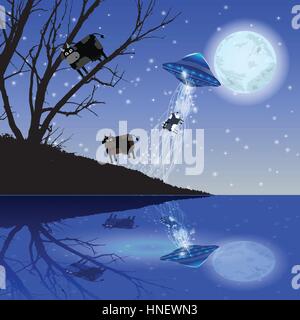 Kuh UFO Entführung Nacht Mond. Abbildung. Benutzen Sie Tapete für die Website, Smartphone, Tablet-PC, drucken, etc. Stock Vektor