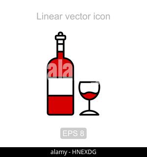 Symbol der Weinflasche und Weinglas in einem linearen Stil Stock Vektor
