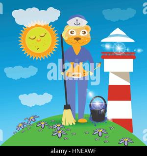 Löwin mit einem Besen reinigen. Kinder s Abbildung. wird verwendet, um zu drucken, Webseite, Smartphone, Design, Textilien, Keramik, Textilien drucken Postkarten pa Stock Vektor