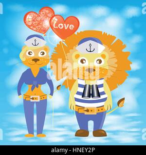 Löwe und Löwin mit Luftballons Herzen. Kinder s Abbildung. wird verwendet, um zu drucken, Webseite, Smartphone, Design, Textilien, Keramik, Textilien, Drucke post Stock Vektor
