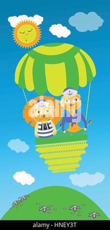 Löwe und Löwin auf einem grünen Ballon. Kinder s Abbildung. wird verwendet, um zu drucken, Webseite, Smartphone, Design, Textilien, Keramik, Textilien, Drucke postc Stock Vektor