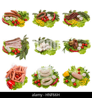 Satz von verschiedenen Fleischprodukten. isoliert auf weißem Hintergrund Stockfoto