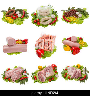 Satz von verschiedenen Fleischprodukten. isoliert auf weißem Hintergrund Stockfoto