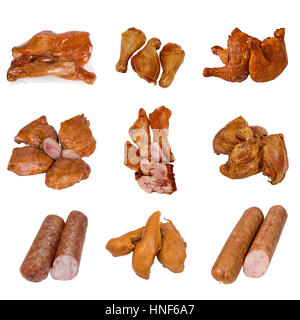 Satz von verschiedenen Fleischprodukten. isoliert auf weißem Hintergrund Stockfoto