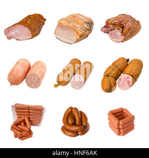 Satz von verschiedenen Fleischprodukten. isoliert auf weißem Hintergrund Stockfoto