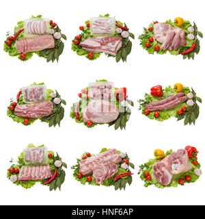 Satz von verschiedenen Fleischprodukten. isoliert auf weißem Hintergrund Stockfoto