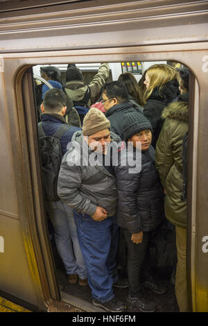 Packen Sie u-Bahn-Wagen auf dem Bahnsteig Plattform, 47-50th STS Rockefeller Center während der Feierabendverkehr in Midtown Manhattan. Stockfoto