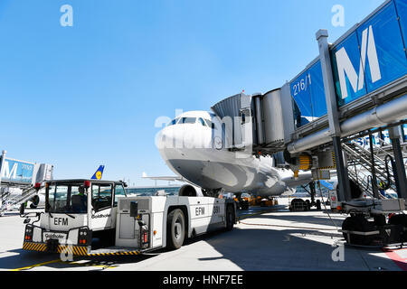 Lufthansa, drücken wieder LKW, schleppen, EFM, Pull, Satellit, Flugzeug, Flugzeug, Abreise, Flugzeug, MUC, EDDM, Flughafen München, Erding, Freising, München Stockfoto