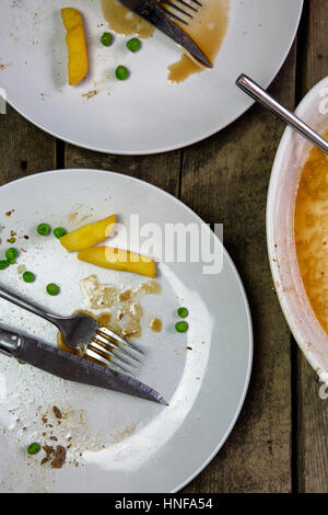 Overhead Schuss einen leeren Teller mit Resten von einer Mahlzeit auf einem rustikalen hölzernen Hintergrund Stockfoto