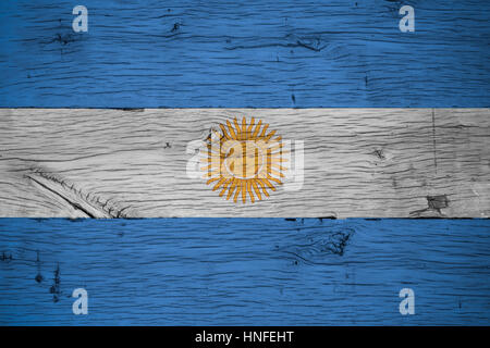 Argentinien Nationalflagge auf alten Eichenholz gemalt. Malerei ist bunt auf Brettern des alten Zug Wagen. Stockfoto