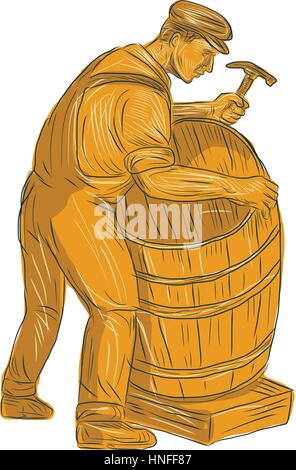 Zeichnung Skizze Stil Abbildung eines Cooper mit Hammer machen ein Holzfass, Fass oder Eimer von der Seite setzen auf weißem Hintergrund isoliert betrachtet Stock Vektor
