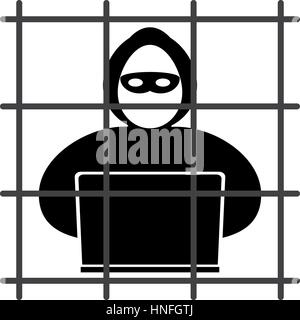 Hacker-Symbol sitzt im Gefängnis auf weißem Hintergrund Stock Vektor
