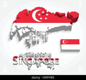 3D Singapur (Singapur) (Karte und Flagge) (Transport und Tourismus-Konzept), Singapur gehört zu AEC (ASEAN Wirtschaftsgemeinschaft) Stock Vektor