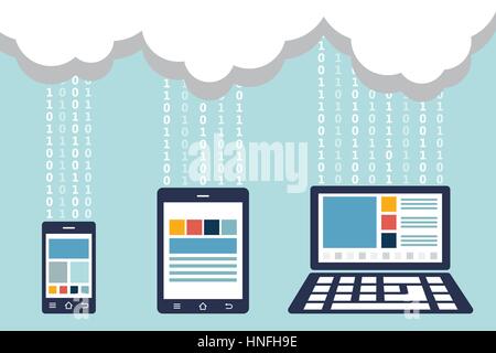 Smartphone, Tablet und Laptop waren Cloud-Server (Überweisungsdaten) verbunden (Binärsystem (1: 0)) (Technologie und moderne Gerätekonzept Stock Vektor