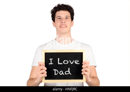 Porträt von gut aussehenden jungen Mann halten Tafel mit Text "I love Papa". Väter-Tag-Konzept. Isolierten weißen Hintergrund Stockfoto