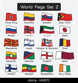 Flaggen der Welt festgelegt 2. einfachen Stil und flache Bauweise. dicken Umriss. Stock Vektor