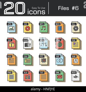 Dateien Symbolsatz 6 (Jpg, Avi, mp3, Mov, Dll, Zip, roh, Eps, html, Pdf, Doc, Csv, ppt, Gif, Exe, Png, Xls, Txt, Eml, Wav) Jahrgang ein Stock Vektor
