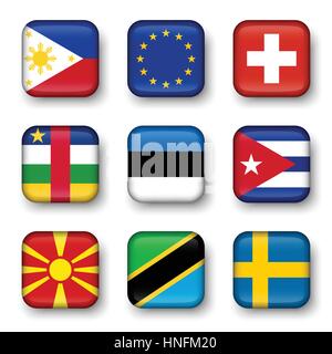 Satz der Welt kennzeichnet viereckige Abzeichen (Philippinen. Europäische Union (EU). Schweiz. Zentralafrikanische Republik. Estland. Kuba. Mazedonien. Tan Stock Vektor