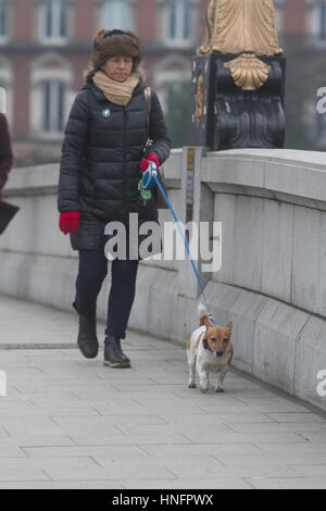 London, UK. 12. Februar 2017. Fußgänger, die mutig die frostigen Temperaturen auf Putney Bridge London an einem kalten Sonntag Credit: Amer Ghazzal/Alamy Live-Nachrichten Stockfoto