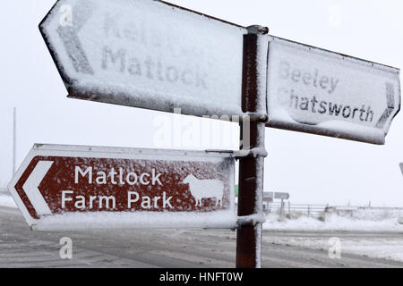 Matlock, Derbyshire, UK. 12. Februar 2016. Heftige Schneefälle in den Derbyshire Dales, in der Nähe von Matlock und Umgebung. Derbyshire Grafschaftsrat Salzstreuer sind aufgrund von Frost und eisigen Bedingungen. Bildnachweis: Ian Francis/Alamy Live-Nachrichten Stockfoto