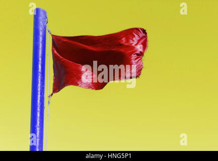 Rote Fahne auf der Fahnenstange blau auf gelbem Hintergrund. Stockfoto