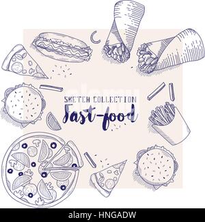 Fast-Food-Vektor-Skizze-Set. Design-Elemente wie von Hand gezeichnet. Stock Vektor