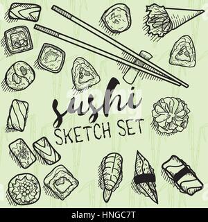 Sushi Süßigkeiten Vektor-Satz. Illustrationen im Stil Sketch. Design-Elemente wie von Hand gezeichnet. Stock Vektor